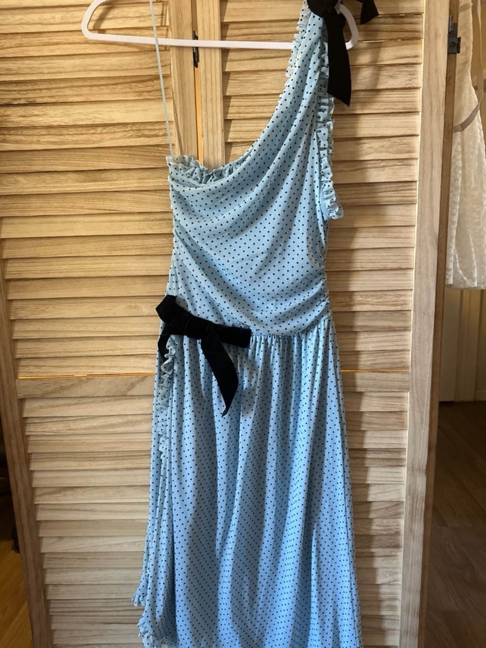 Urban Outfitters Light Blue Polka Dot One-Shoulder Dress with Black Bow